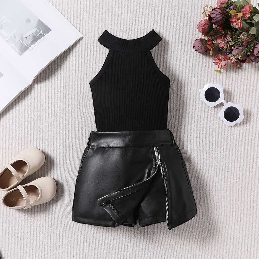 Girls Halter Neck Top With Faux Leather Skirt Set