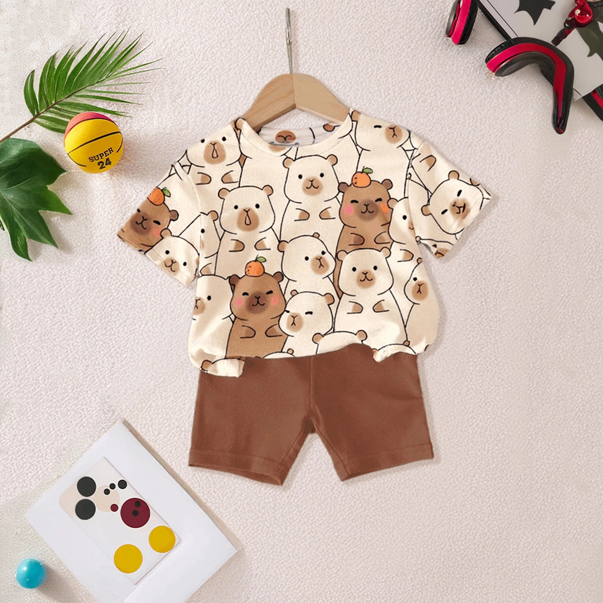 Girls Brown Capybara Print Short Sleeve T-Shirt With Shorts Sets 2 pc. Sets Brown 3-4 Y