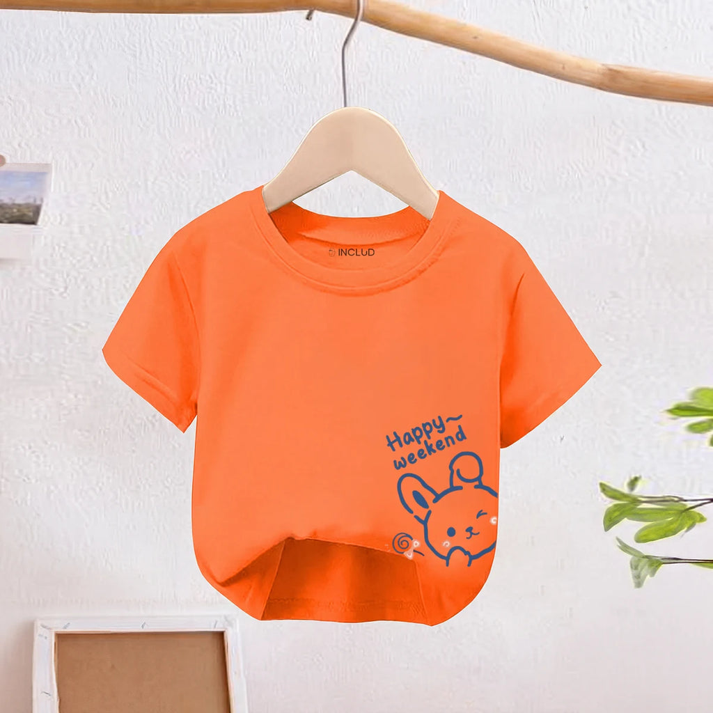 Girls Orange Short Sleeve Happy Weekend Typography Print T-Shirt Tshirts