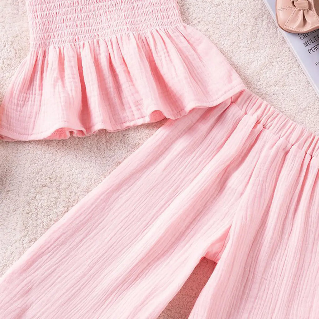 Girls Pink Sleeveless Smocked Peplum Top With Cropped Pants Co-ord Sets Sets