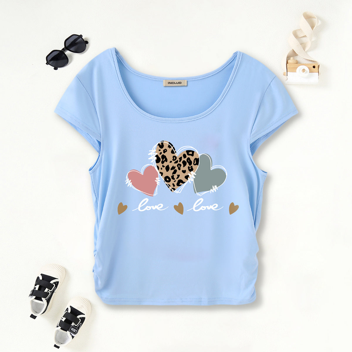 Girls Light Blue Hearts Printed Short Sleeves Scoop Neck T-Shirt Tshirts Light Blue 7-8 Y