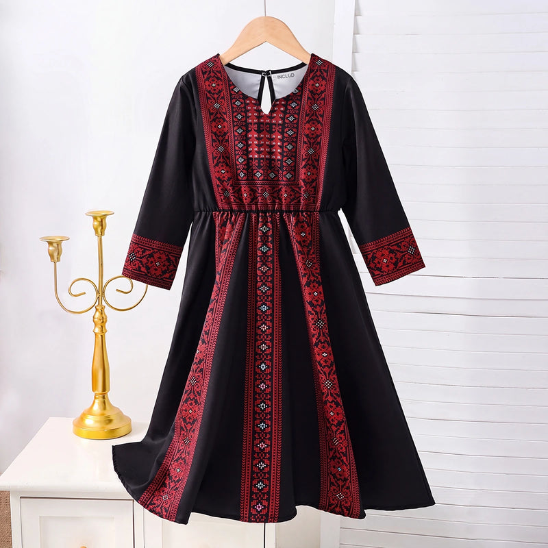 Girls Black Geometric Print Round Neck Fit & Flare Dress Casual Dresses Black 3-4 Y