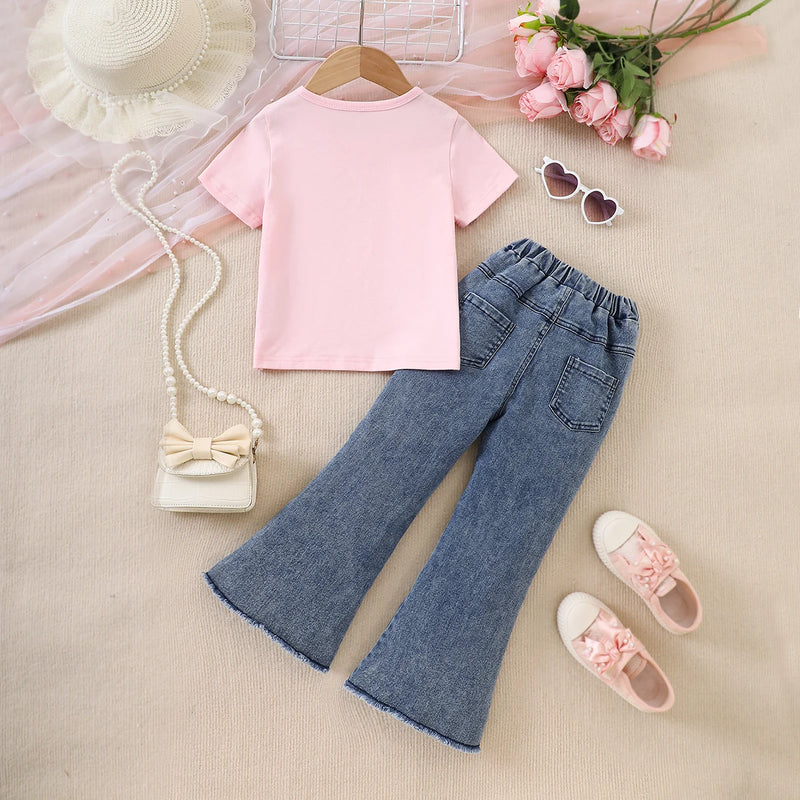 Girls Light Pink Bow Applique Short Sleeve T-Shirt With Denim Jeans Sets 2 pc. Sets