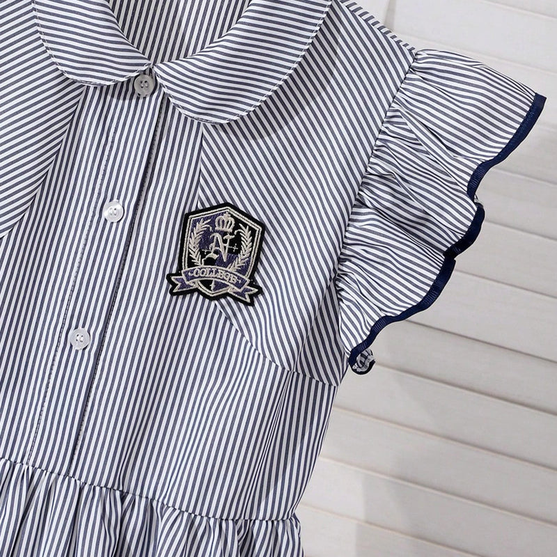 Girls Black Striped Flutter Sleeve Peter Pan Collar Dress Casual Dresses