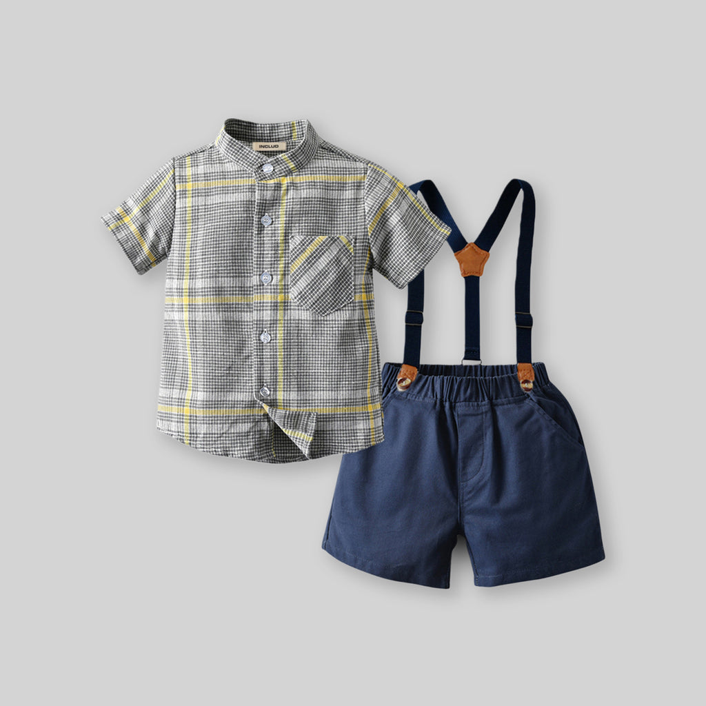 Boys Checkered Shirt & Suspender Shorts Formal Set