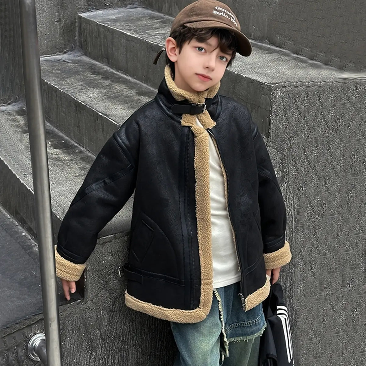 Boys Black Faux Leather Heavy Jacket With Fleece Lining Coats & Jackets