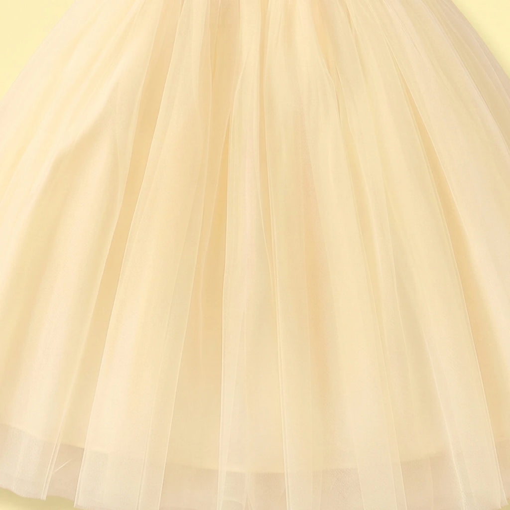 Girls Yellow Floral Applique Puff Sleeve Fit & Flare Party Dress Party Dresses