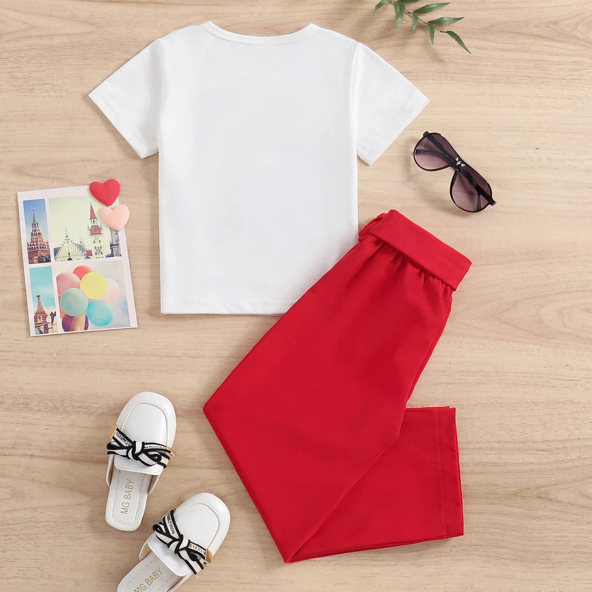 Girls White Typographic Print Short Sleeve T-Shirt With Red Pants Sets 2 pc. Sets