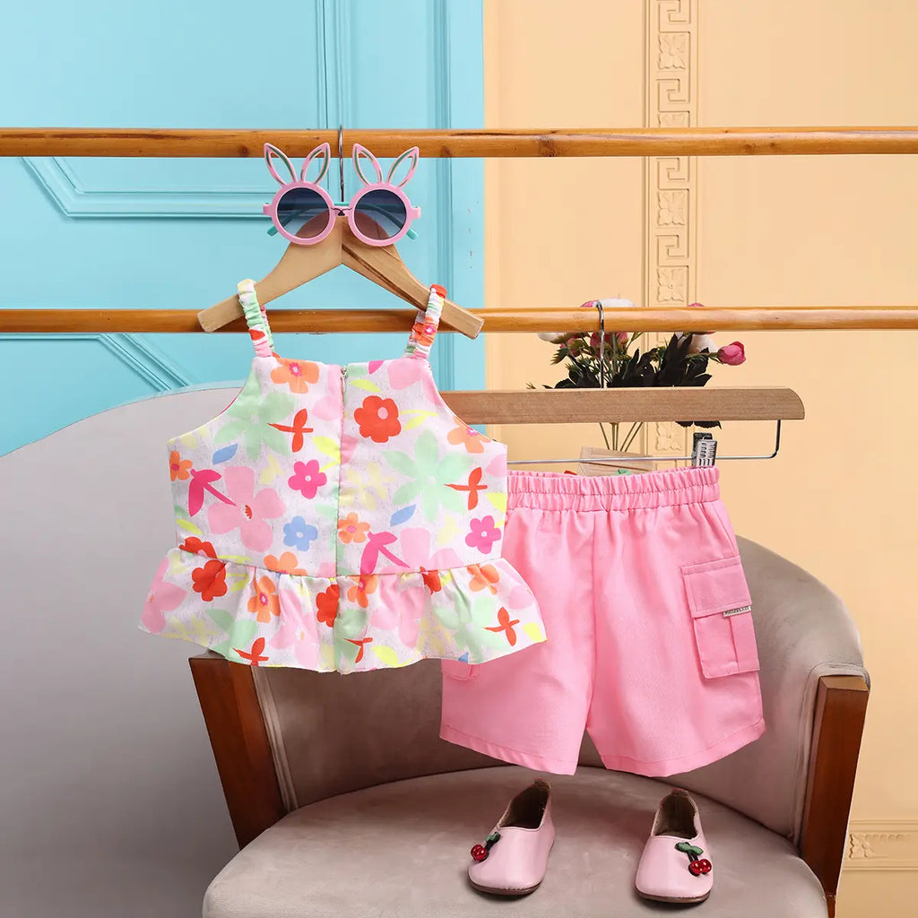 Girls Pink Floral Printed Top With Elasticated shorts Sets 2 pc. Sets