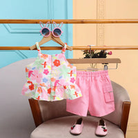 Girls Pink Floral Printed Top With Elasticated shorts Sets 2 pc. Sets