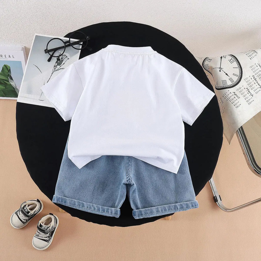 Boys White Cap Graphic Short Sleeve T-Shirt With Distressed Denim Shorts Sets 2 pc. Sets