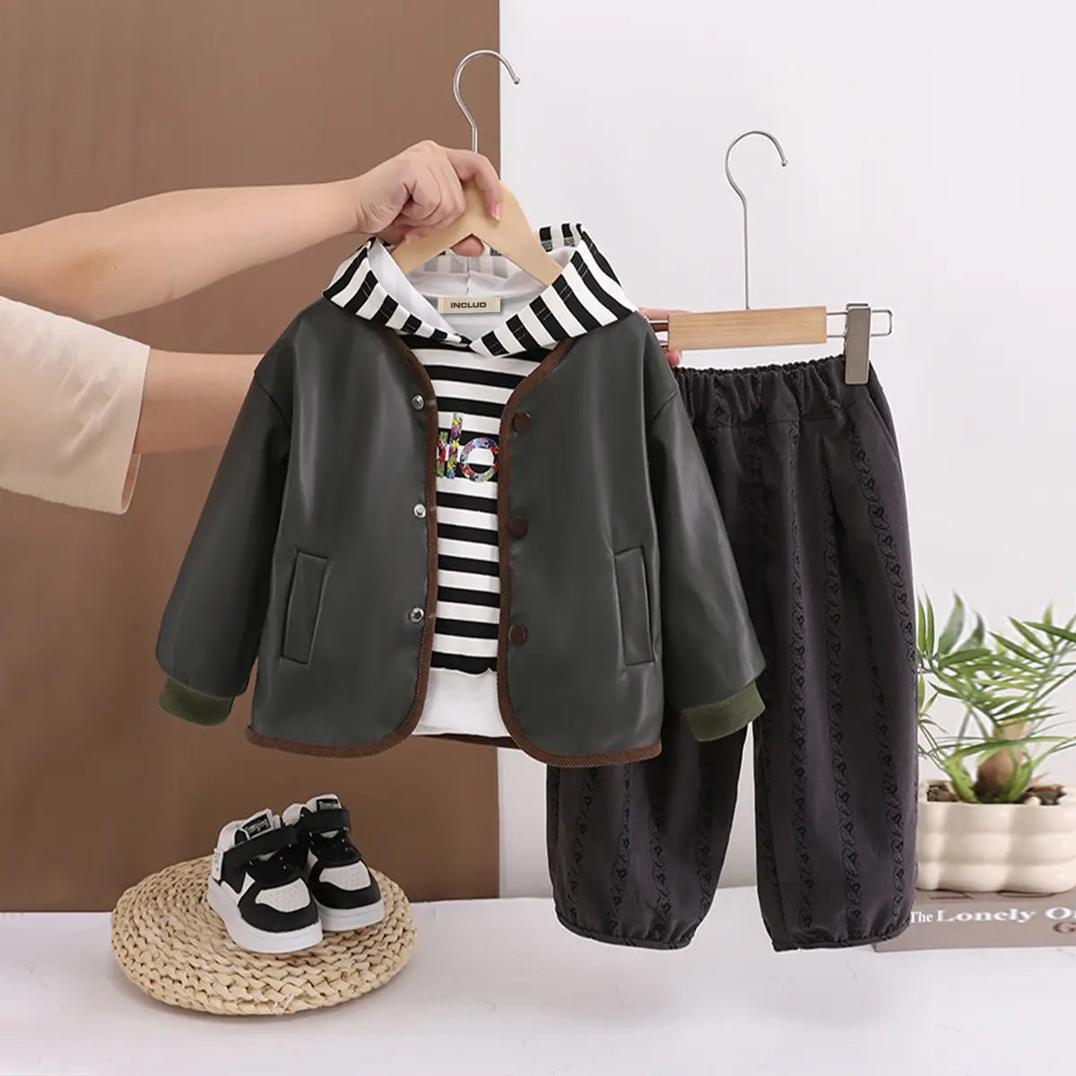Boys Dark Grey Faux Lather Jacket With Hooded Sweatshirt & Pants Set Sets Dark Grey 1-2 Y