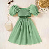 Girls Square Neck Short Sleeve Cross Waist Dress