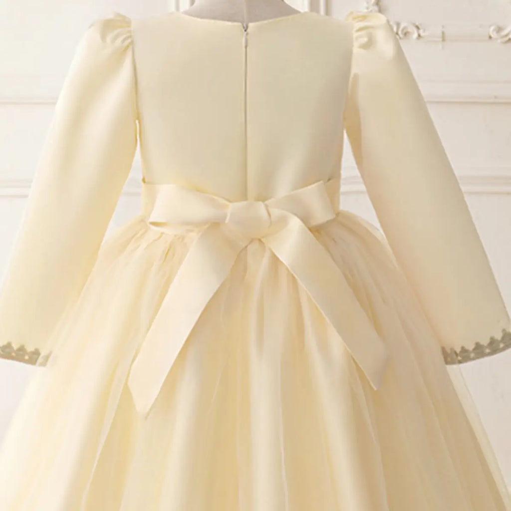 Girls Cream Embroidered Fit & Flare Dress With Long Sleeves Casual Dresses