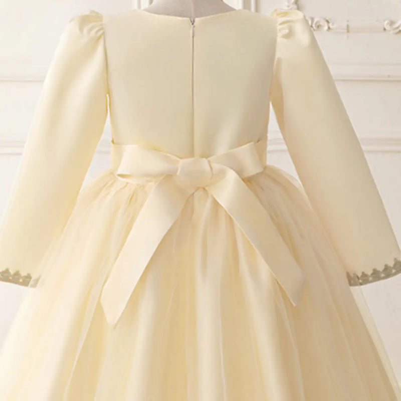 Girls Cream Embroidered Fit & Flare Dress With Long Sleeves Casual Dresses