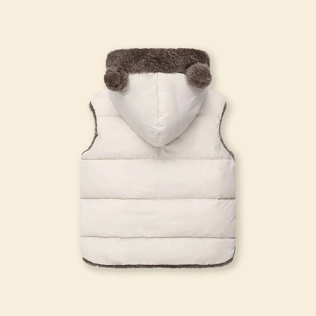 Boys Off White Sleeveless Hooded Puffer Vest With Faux-fur Trim Coats & Jackets