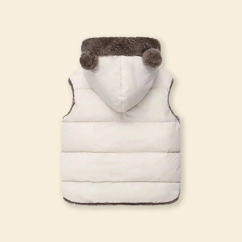 Boys Off White Sleeveless Hooded Puffer Vest With Faux-fur Trim Coats & Jackets