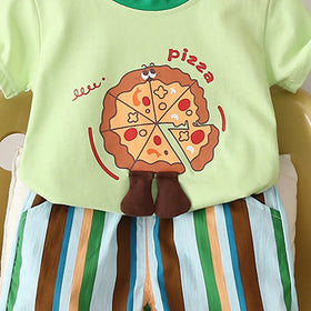 Boys Green Pizza Print Short Sleeve T-Shirt With Striped Shorts Sets 2 pc. Sets