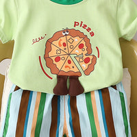 Boys Green Pizza Print Short Sleeve T-Shirt With Striped Shorts Sets 2 pc. Sets