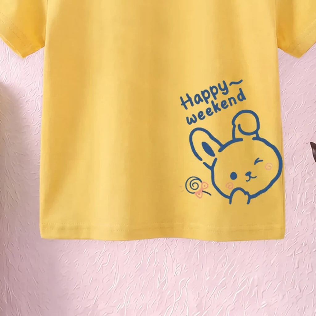 Girls Yellow Short Sleeve Happy Weekend Typography Print T-Shirt Tshirts