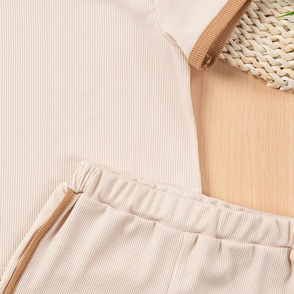 Girls Beige Ribbed Contrast Trims T-Shirt & Shorts Co-ord Sets Sets