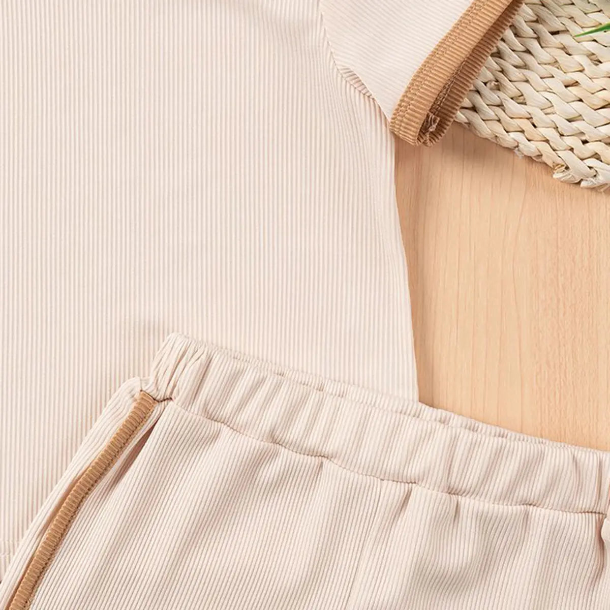 Girls Beige Ribbed Contrast Trims T-Shirt & Shorts Co-ord Sets Sets