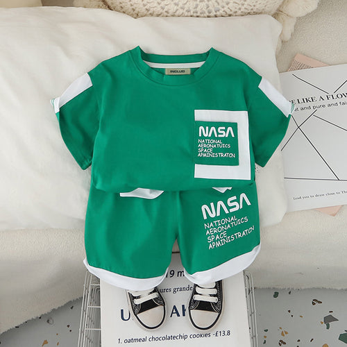 Boys Green Typographic Nasa Printed T-Shirt With Shorts Set 2 pc. Sets Green 1-2 Y