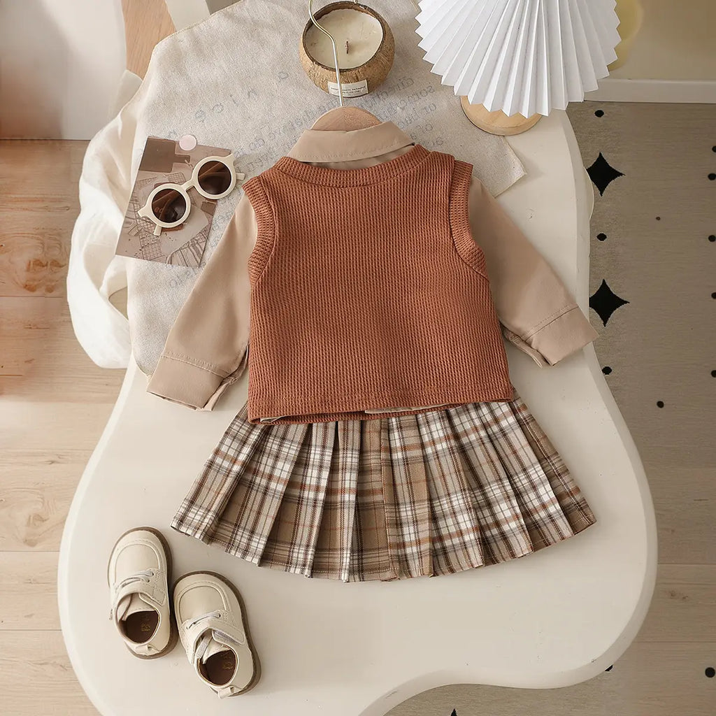 Girls Light Brown Collared Top With Knitted Vest & Checked Skirt sets Sets