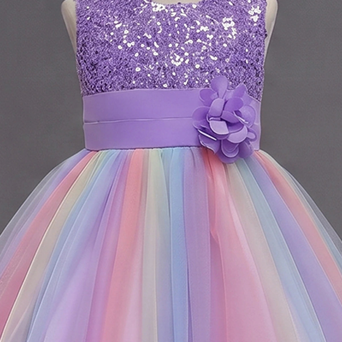 Girls Purple Sequin Embellished Fit & Flare Party Wear Dress With Flower Applique Party Dresses