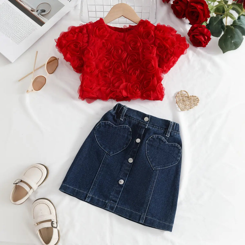 Girls Red 3D Rose Flower Applique Top With Denim Skirt Sets Sets Red 2-3 Y