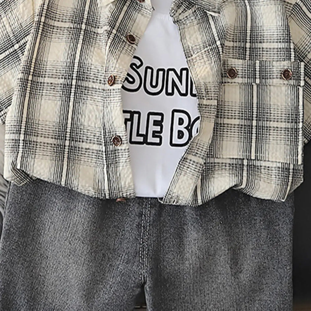 Boys Beige Checked Shirt With Printed T-Shirt And Denim Shorts Sets 3 pc. Sets
