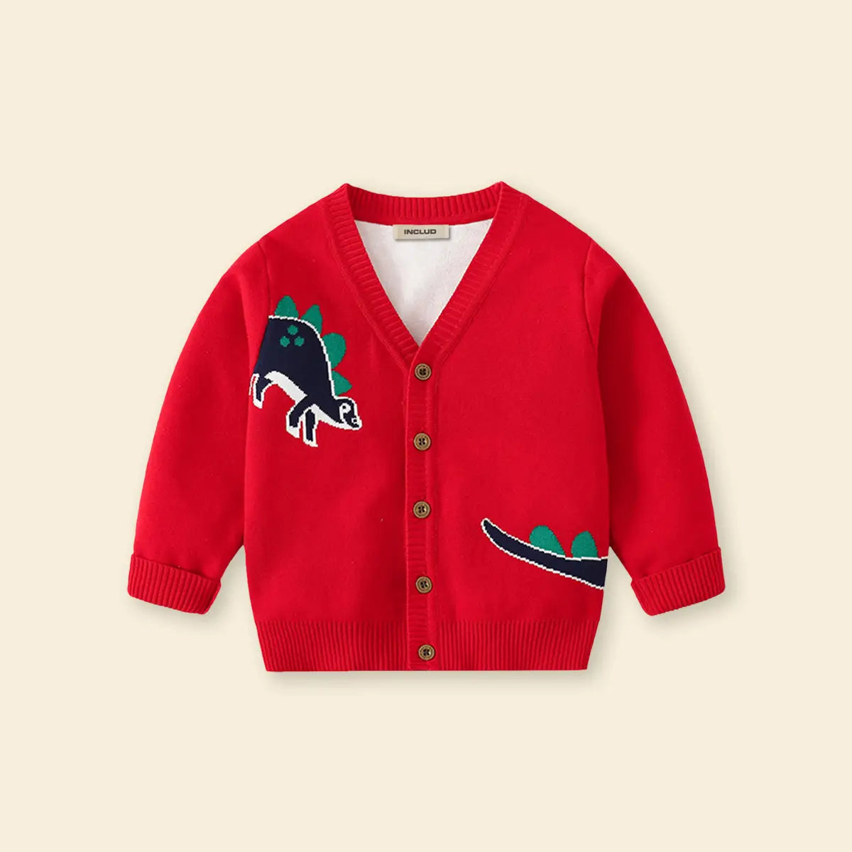 Boys Red Self-Design Dinosaur Pattern Button Down Cardigan Sweaters & Cardigans