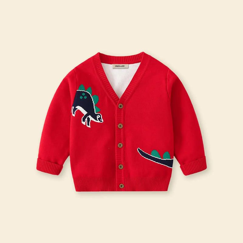 Boys Red Self-Design Dinosaur Pattern Button Down Cardigan Sweaters & Cardigans
