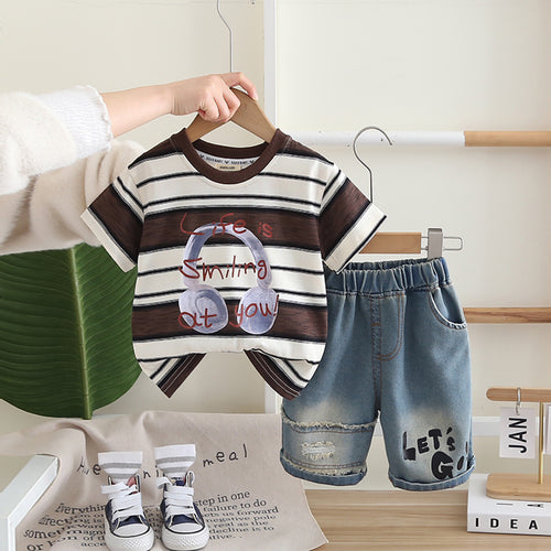 Boys Brown Headphone Graphic Stripes T-Shirt With Denim Shorts Set 2 pc. Sets Brown 1-2 Y
