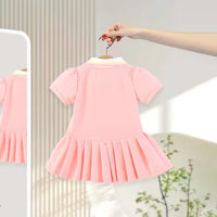 Girls Pink Bunny Heart Embroidered Short Sleeve Pleated Polo Dress Casual Dresses