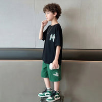 Boys Black Graphic Print Short Sleeve T-Shirt With Elasticated Shorts Sets 2 pc. Sets