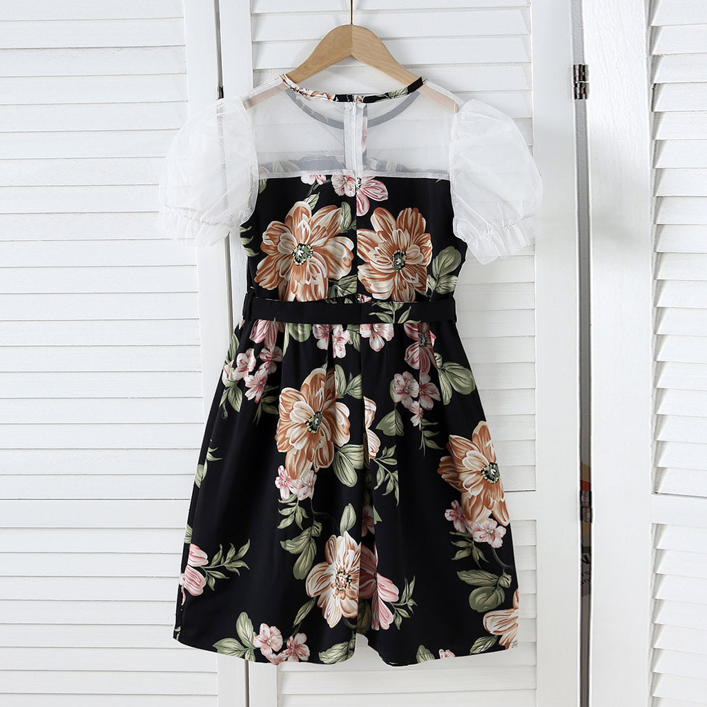 Girls Black Floral Printed Net Puff Sleeves Dress Casual Dresses