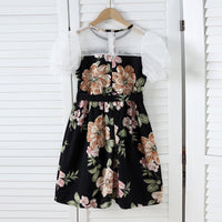 Girls Black Floral Printed Net Puff Sleeves Dress Casual Dresses