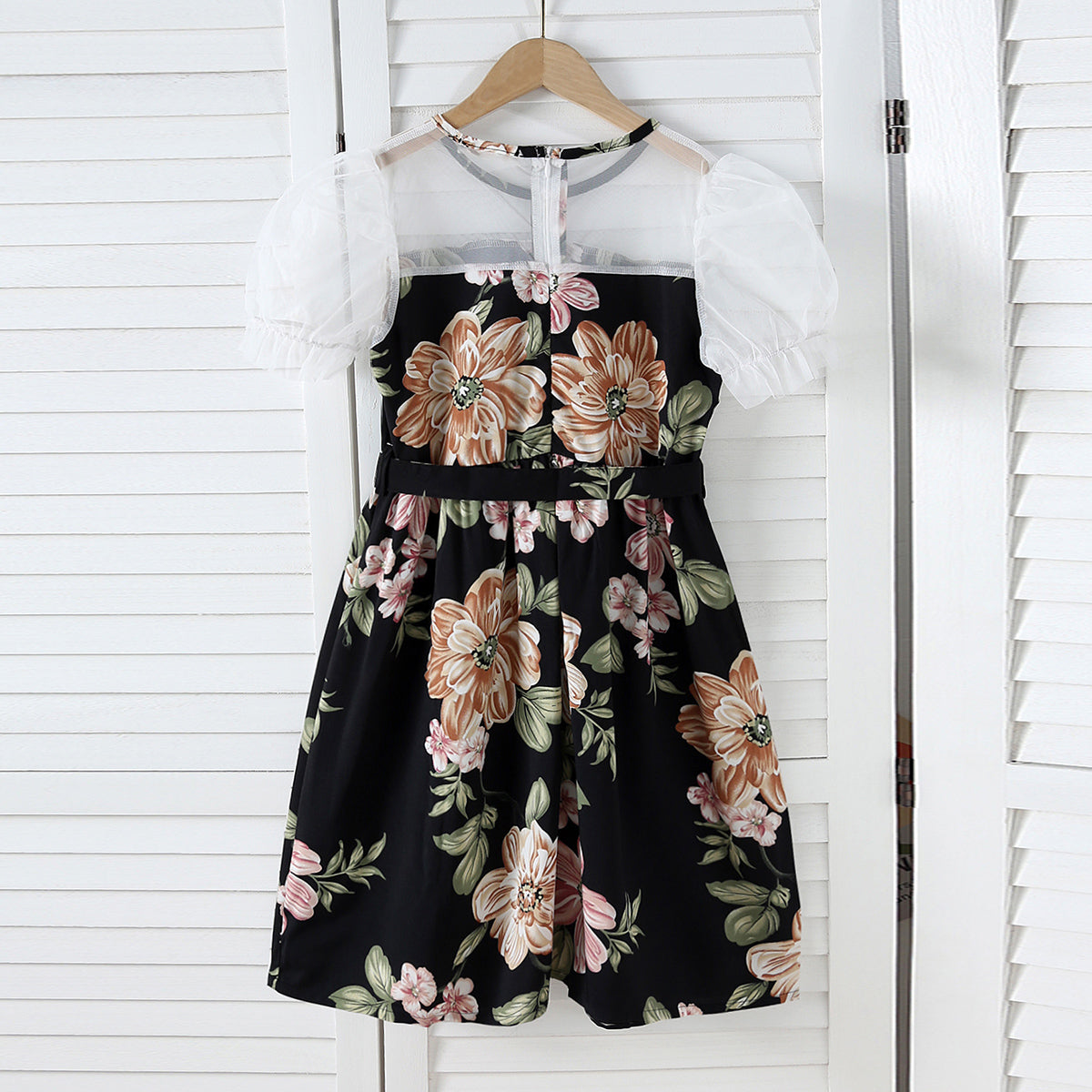 Girls Black Floral Printed Net Puff Sleeves Dress Casual Dresses