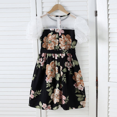 Girls Black Floral Printed Net Puff Sleeves Dress Casual Dresses