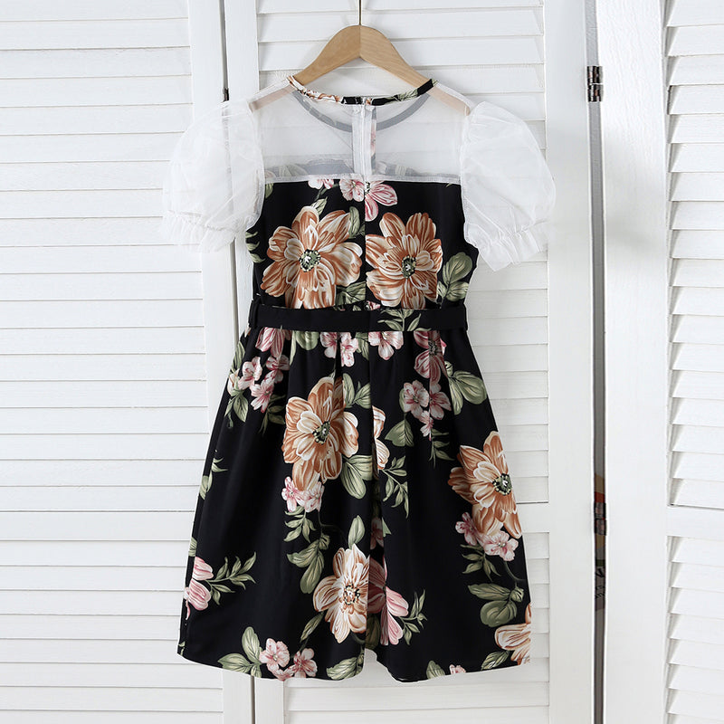 Girls Black Floral Printed Net Puff Sleeves Dress Casual Dresses