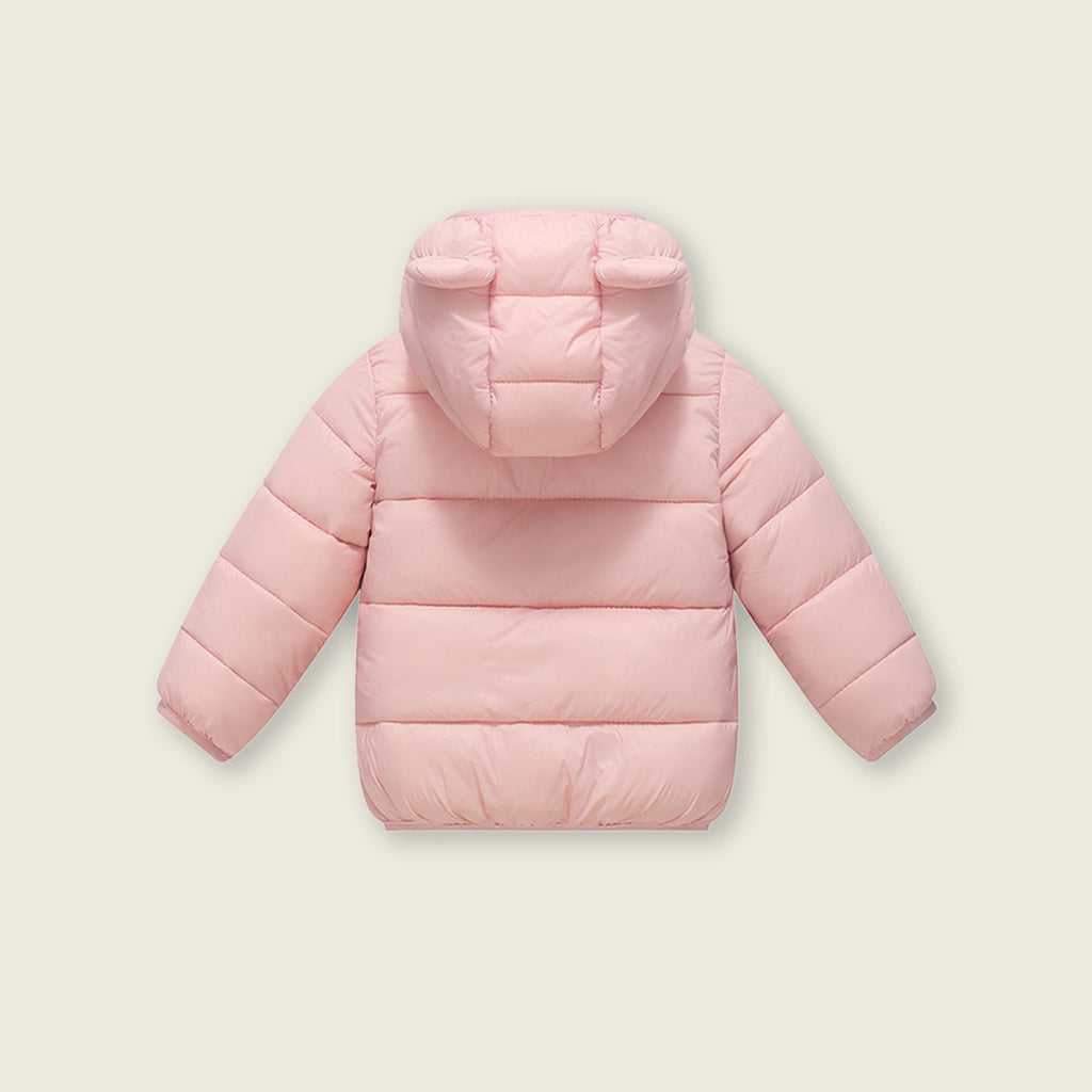 Boys Light Pink Solid Front Zipper Hooded Puffer Jacket Coats & Jackets