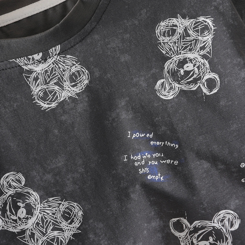 Boys Dark Grey Bear Cartoon Print Short Sleeves T-Shirt With Shorts Set Sets