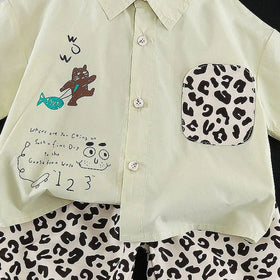 Boys Light Green Animal Printed Shirt with Elasticated Shorts Sets 2 pc. Sets