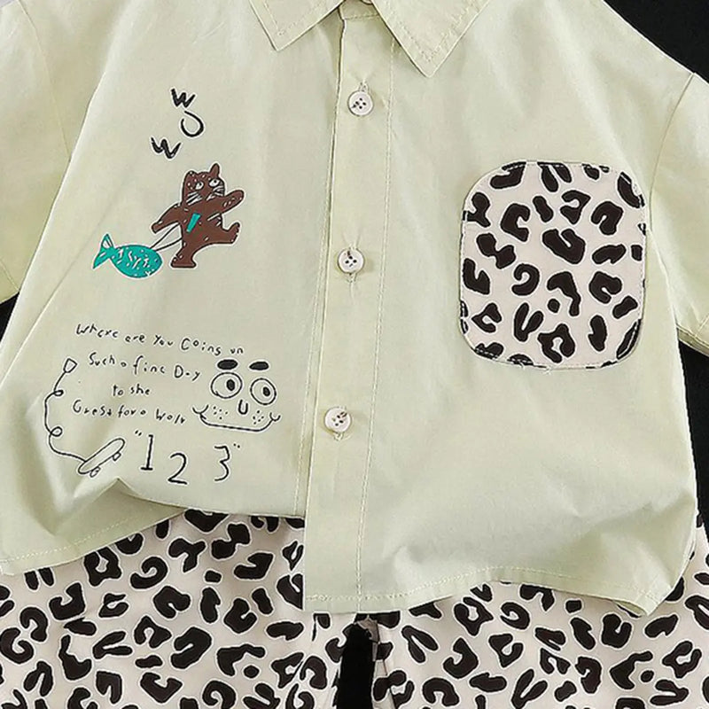 Boys Light Green Animal Printed Shirt with Elasticated Shorts Sets 2 pc. Sets
