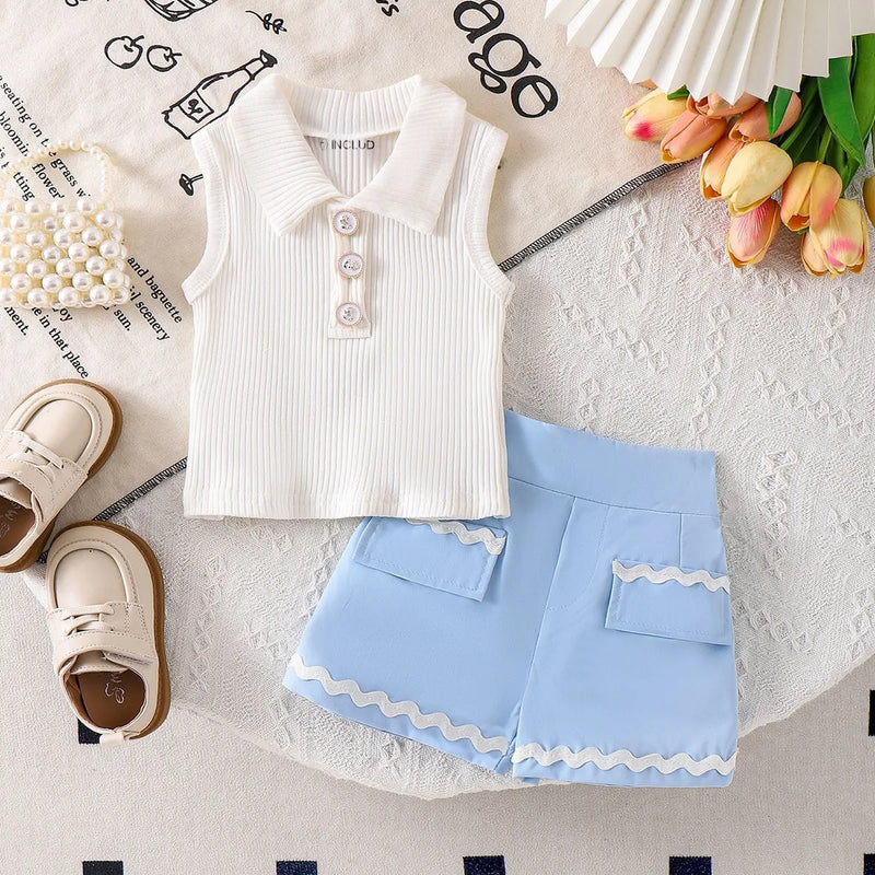 Girls Sleeveless Polo Top With Light Blue Shorts Sets 2 pc. Sets Light Blue 1-2 Y