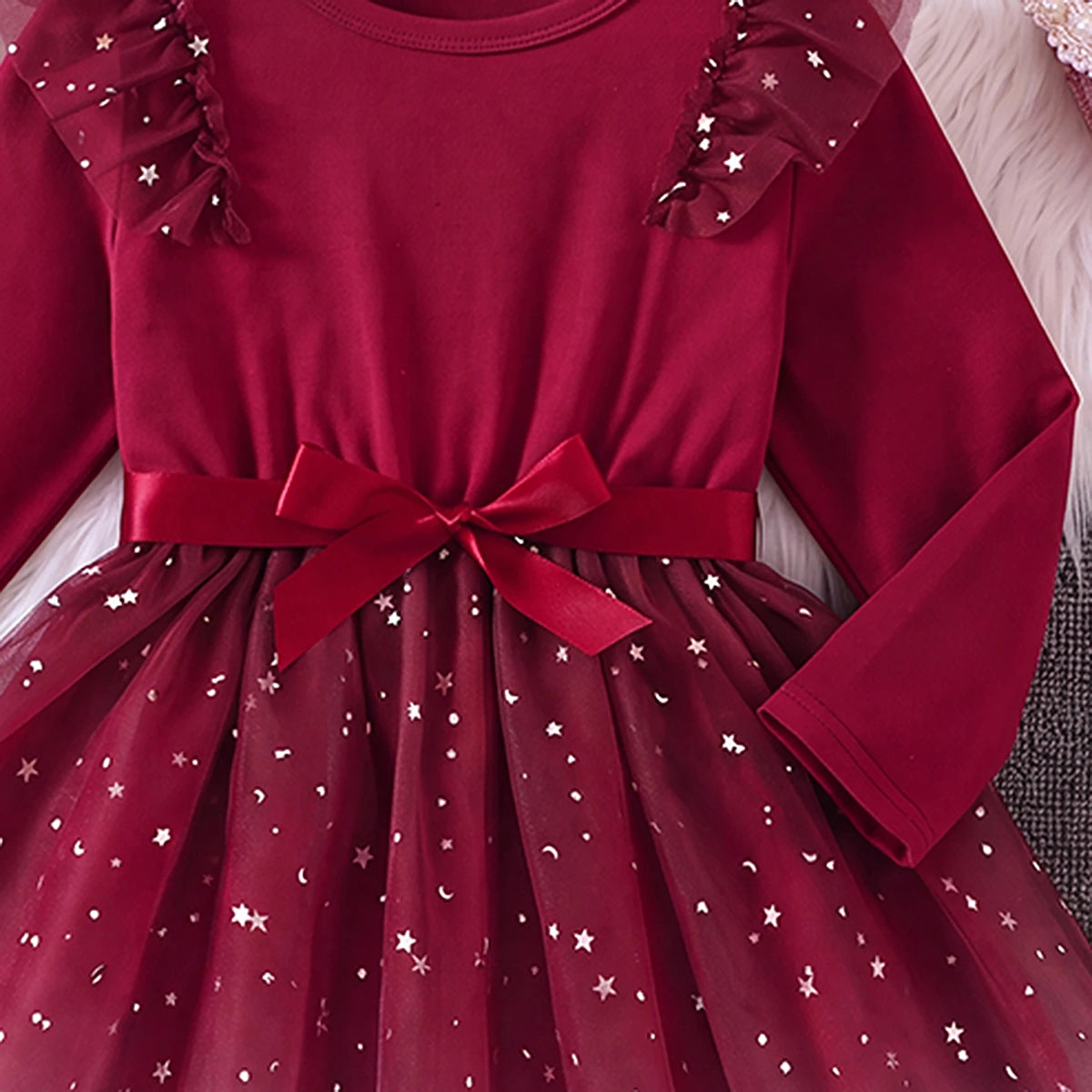 Girls Burgundy Star Foil Print Long Sleeve Fit & Flare Dress Casual Dresses
