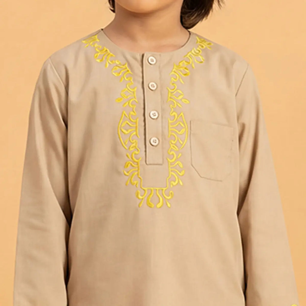 Boys Khaki Embroidered Kurta With Pajama Sets Ethnicwear Boys