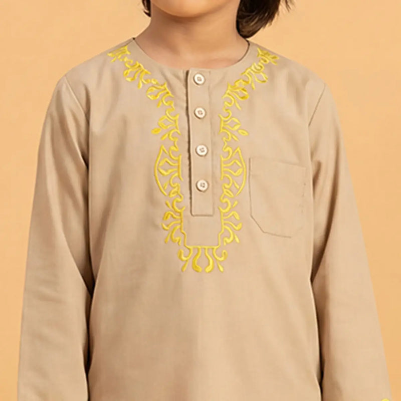 Boys Khaki Embroidered Kurta With Pajama Sets Ethnicwear Boys