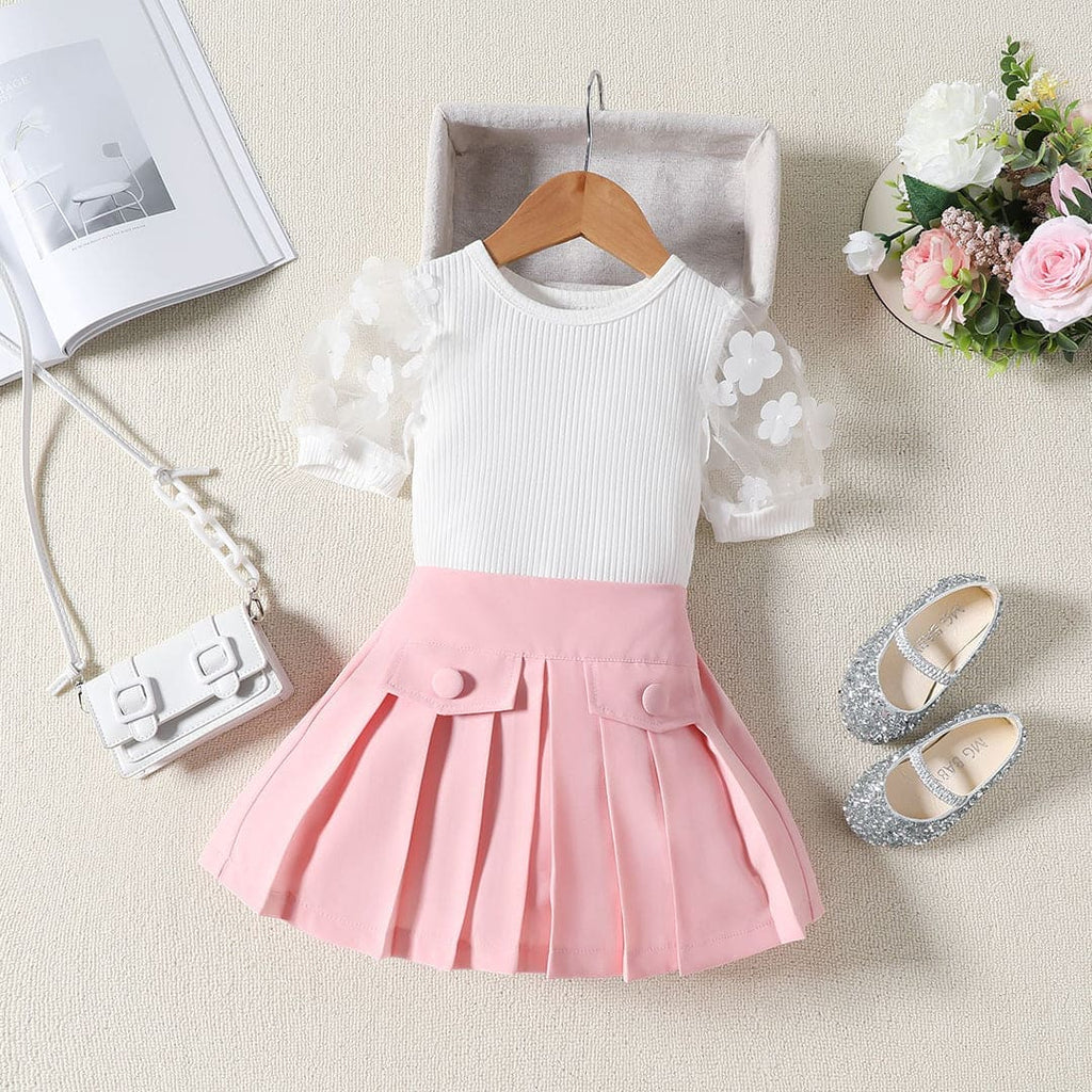 Girls Pink Puff Sleeves Top With Pleated Skirt Set Sets Pink 1-2 Y 